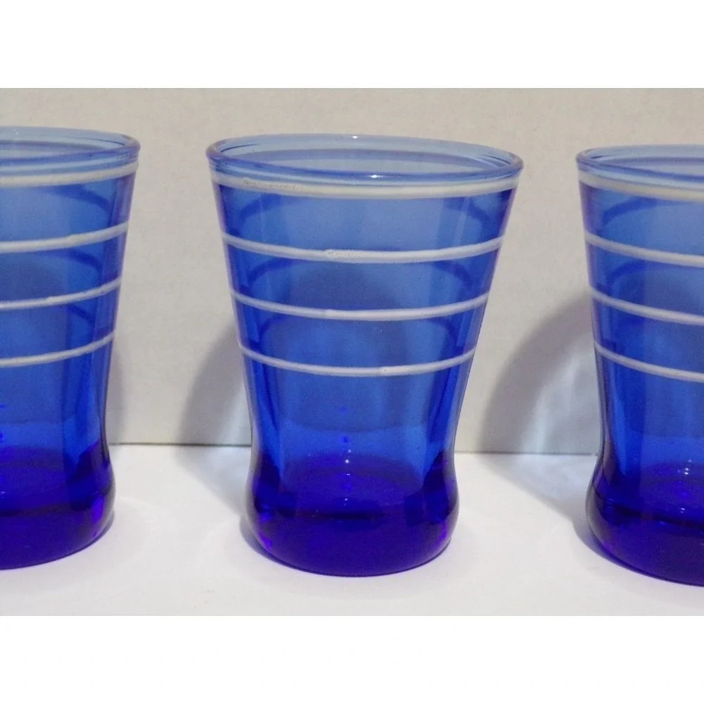 Vintage Hazel Atlas White Rings Cobalt Blue 4 oz Glasses Set‎ of 5 From 1950's